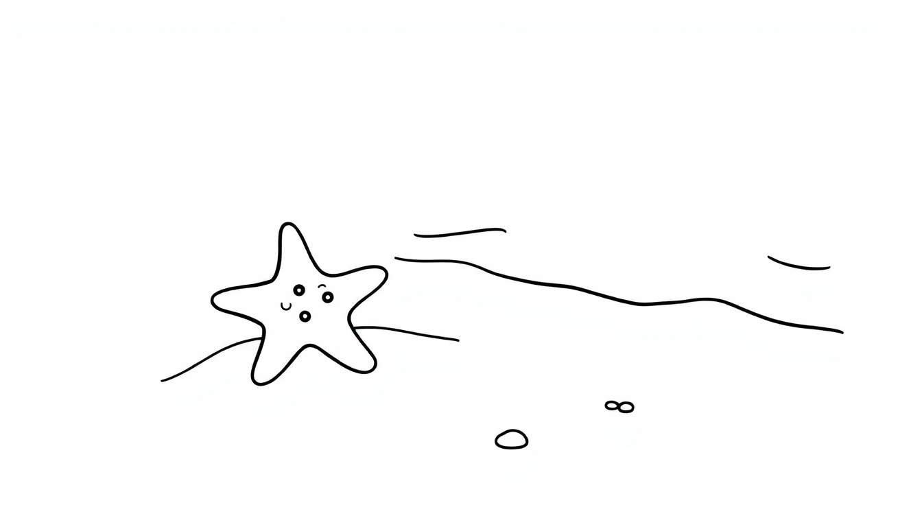 Placa de color de una estrella de mar sonriente en una playa con una ola.