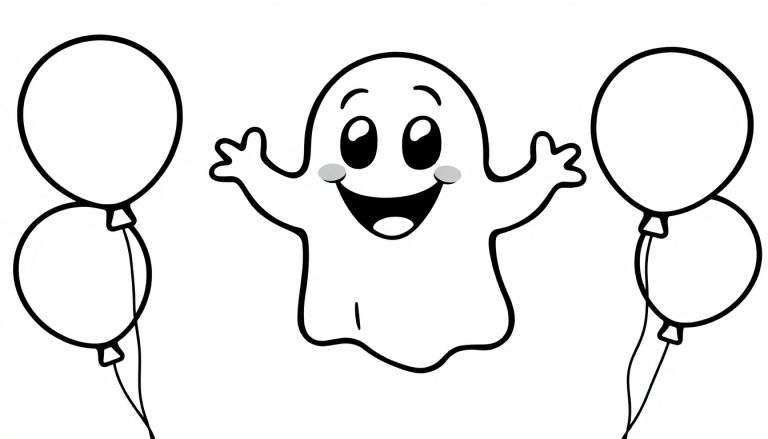 Placa de color de un fantasma sonriente con globos.