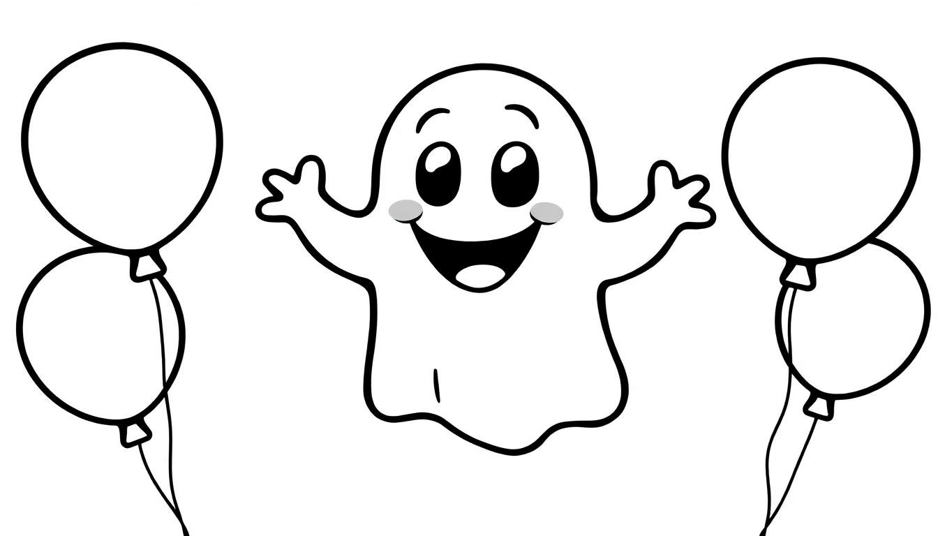 Placa de color de un fantasma sonriente con globos.