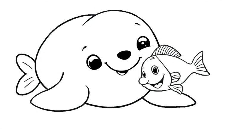 Una foca bebé feliz y un pez juguetón en una página para colorear de placa de color.