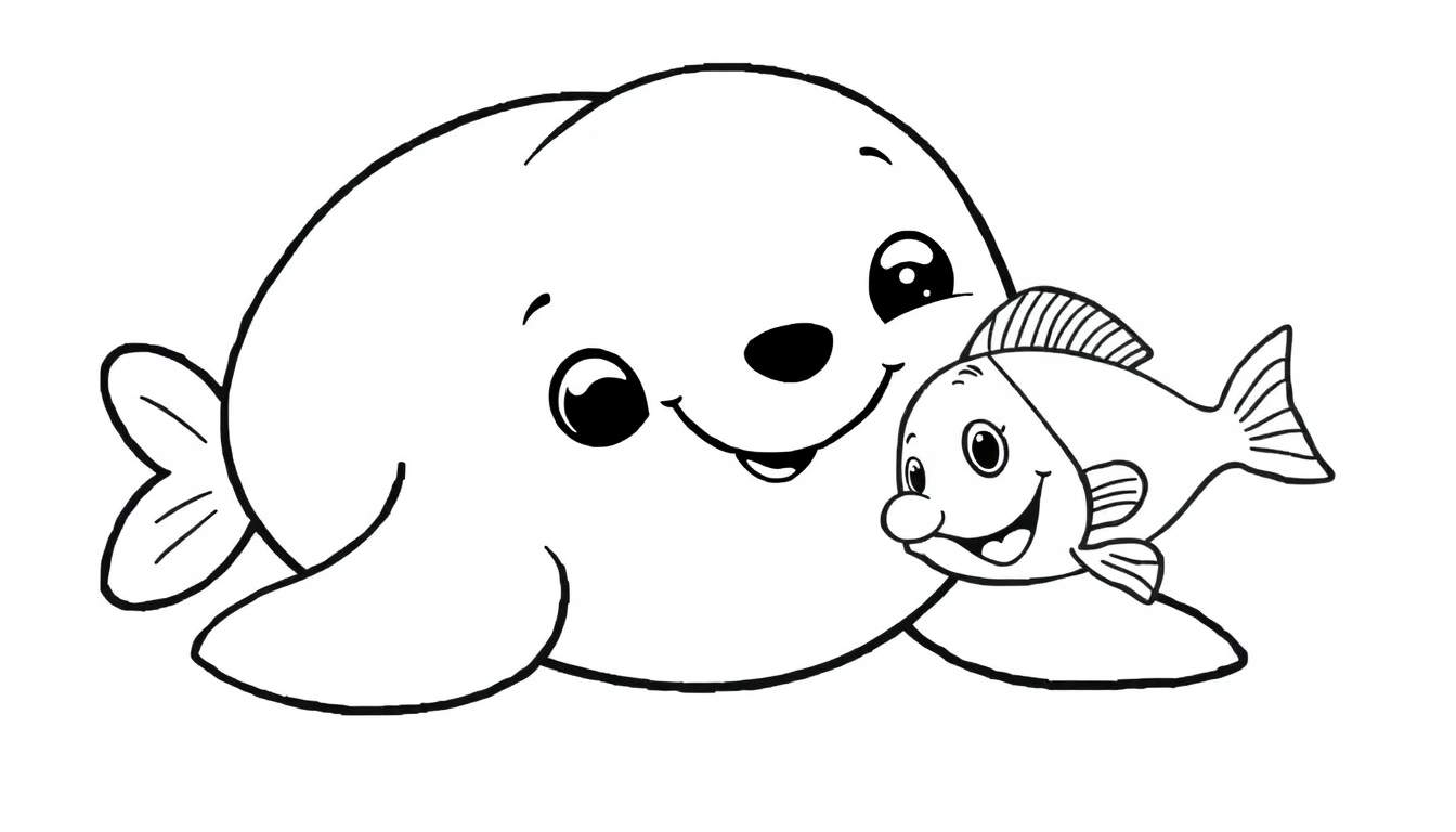 Una foca bebé feliz y un pez juguetón en una página para colorear de placa de color.