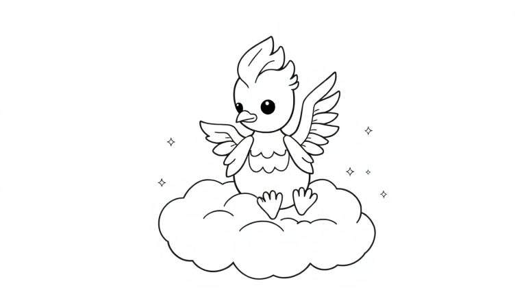 Un dibujo de un Fénix bebé de caricatura posado en una nube, listo para ser coloreado, con líneas negras sobre fondo blanco. Placa de color.