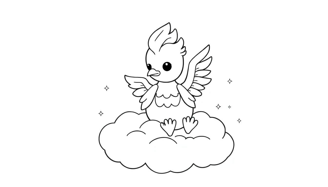 Un dibujo de un Fénix bebé de caricatura posado en una nube, listo para ser coloreado, con líneas negras sobre fondo blanco. Placa de color.