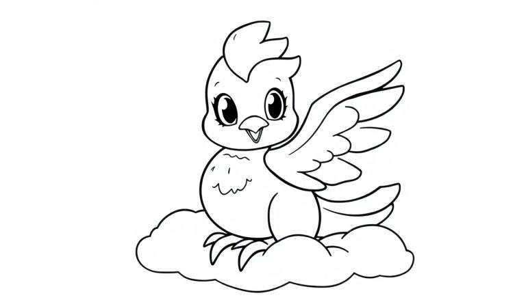 Página para colorear de un bebé fénix sonriente en una nube, lista para la placa de color.