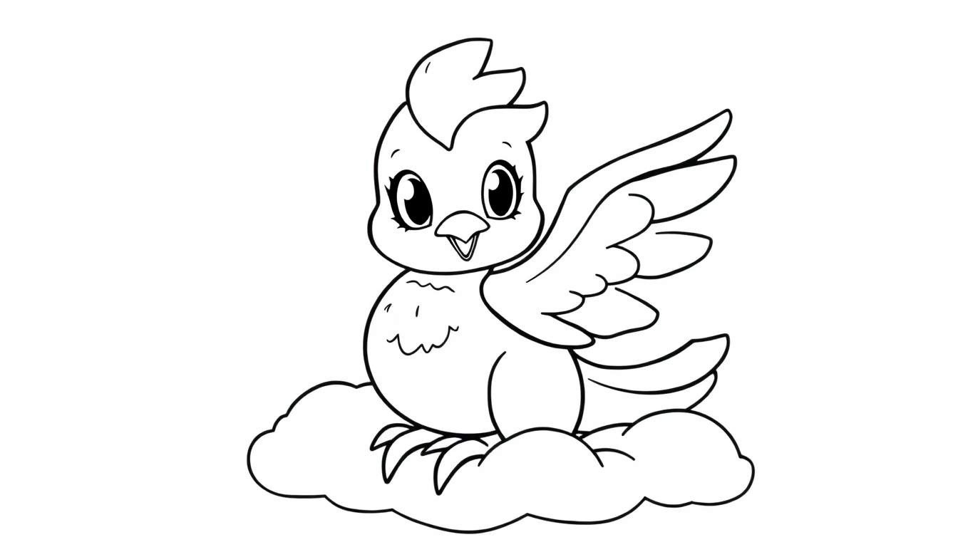 Página para colorear de un bebé fénix sonriente en una nube, lista para la placa de color.