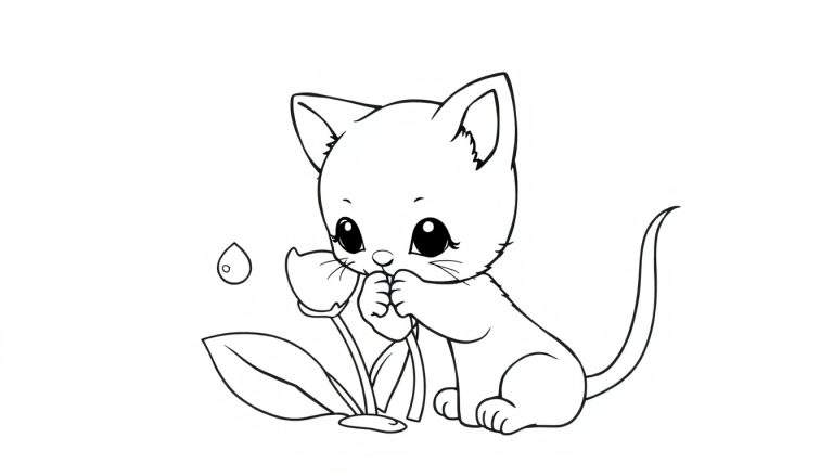 Un gatito chibi dibujado a mano en blanco y negro, oliendo una flor, listo para colorear con la placa de color.