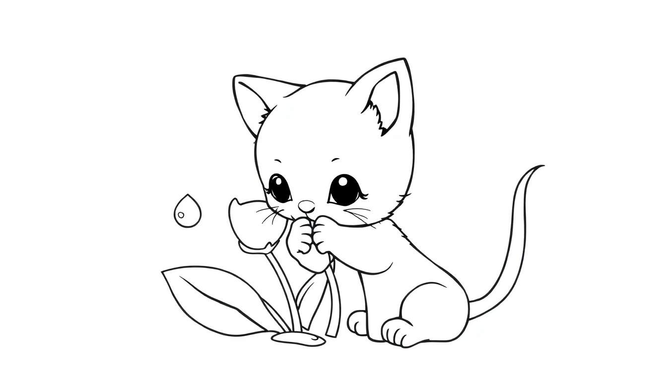 Un gatito chibi dibujado a mano en blanco y negro, oliendo una flor, listo para colorear con la placa de color.