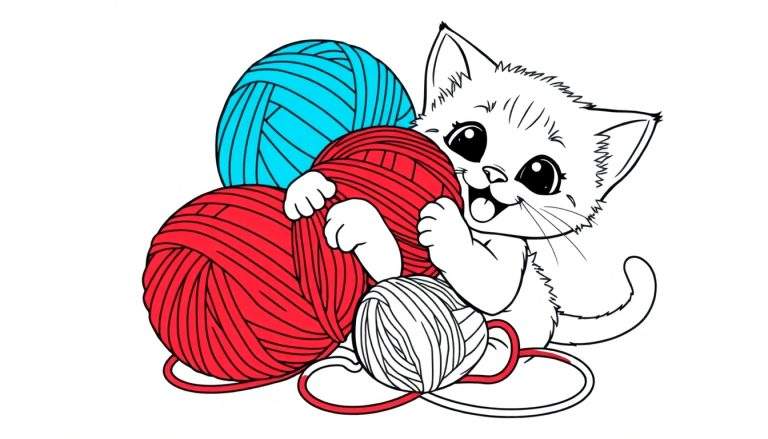 Gatito adorable jugando con ovillos de lana de colores, perfecto para una placa de color.