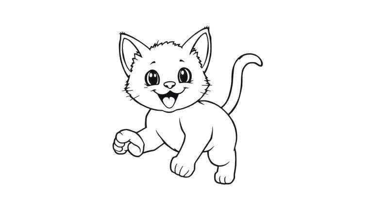 Gato juguetón listo para colorear con crayones, una placa de color