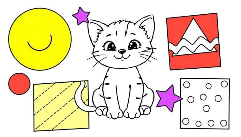 Gato blanco amigable con grandes ojos negros sentado en una placa de color con formas geométricas.