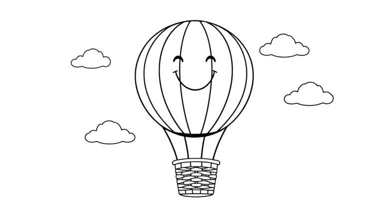 Un globo aerostático sonriente con una cesta, rodeado de nubes, listo para colorear. Placa de color.