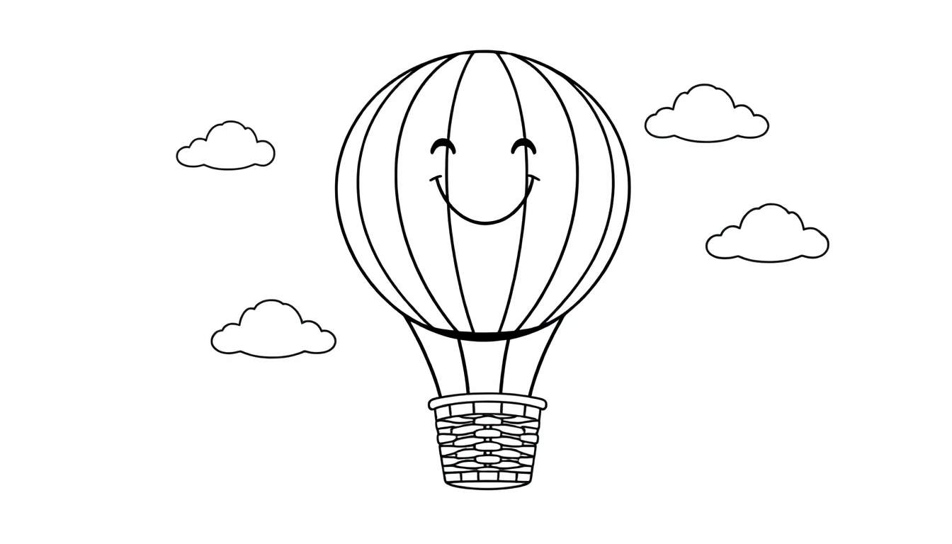 Un globo aerostático sonriente con una cesta, rodeado de nubes, listo para colorear. Placa de color.