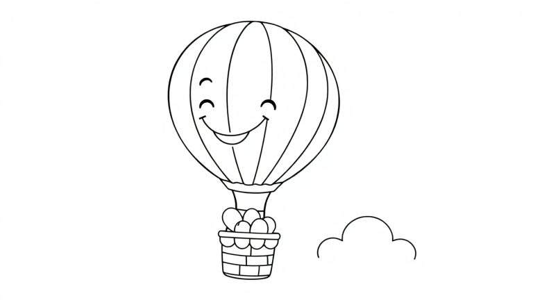 Un globo aerostático sonriente con una cesta llena de huevos, listo para colorear, con una nube amigable al lado. Página de colorear de la placa de color.