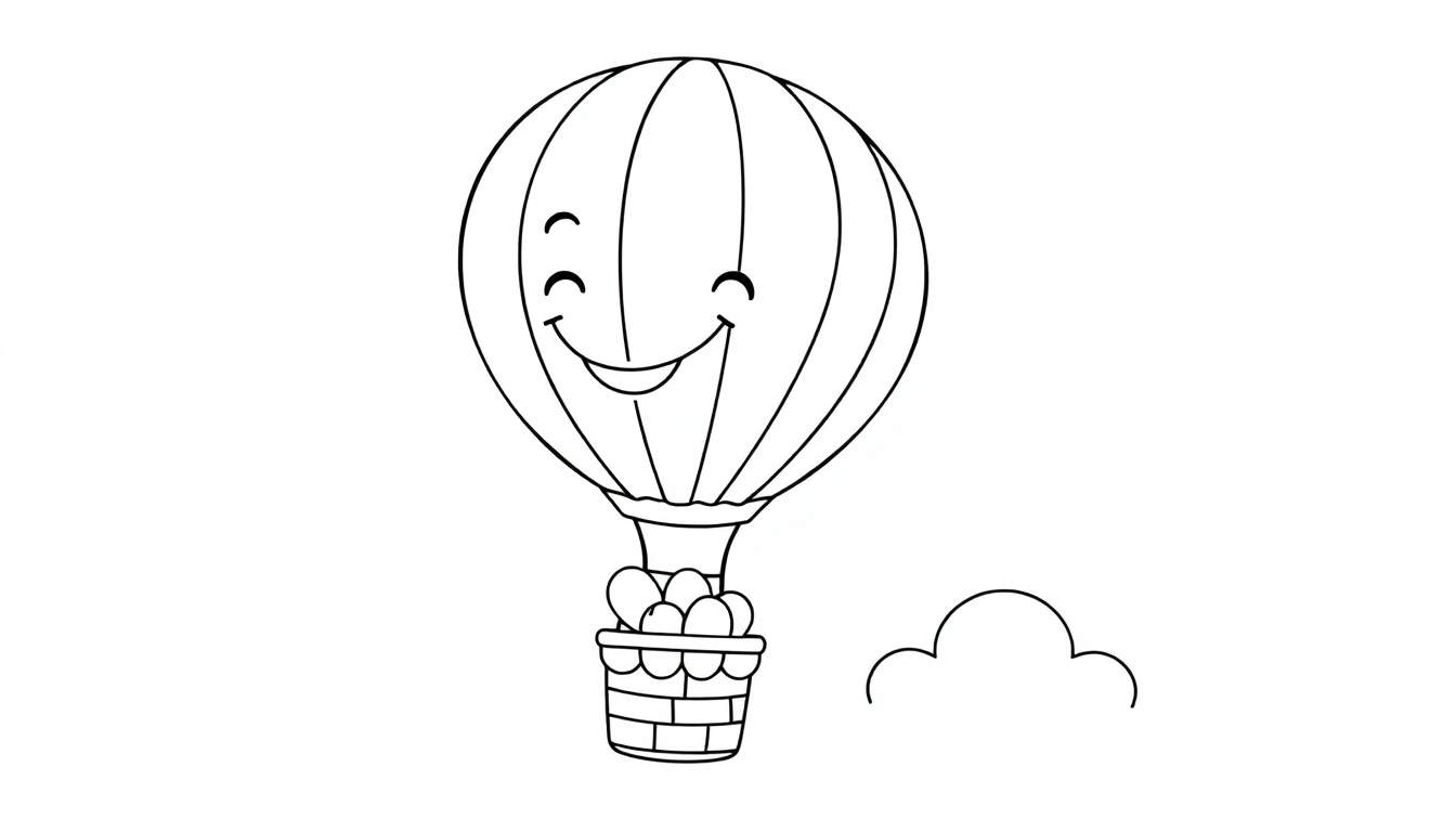 Un globo aerostático sonriente con una cesta llena de huevos, listo para colorear, con una nube amigable al lado. Página de colorear de la placa de color.