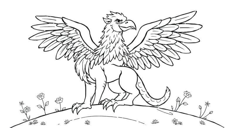 Grifo amigable en blanco y negro sobre una colina florida, listo para colorear.