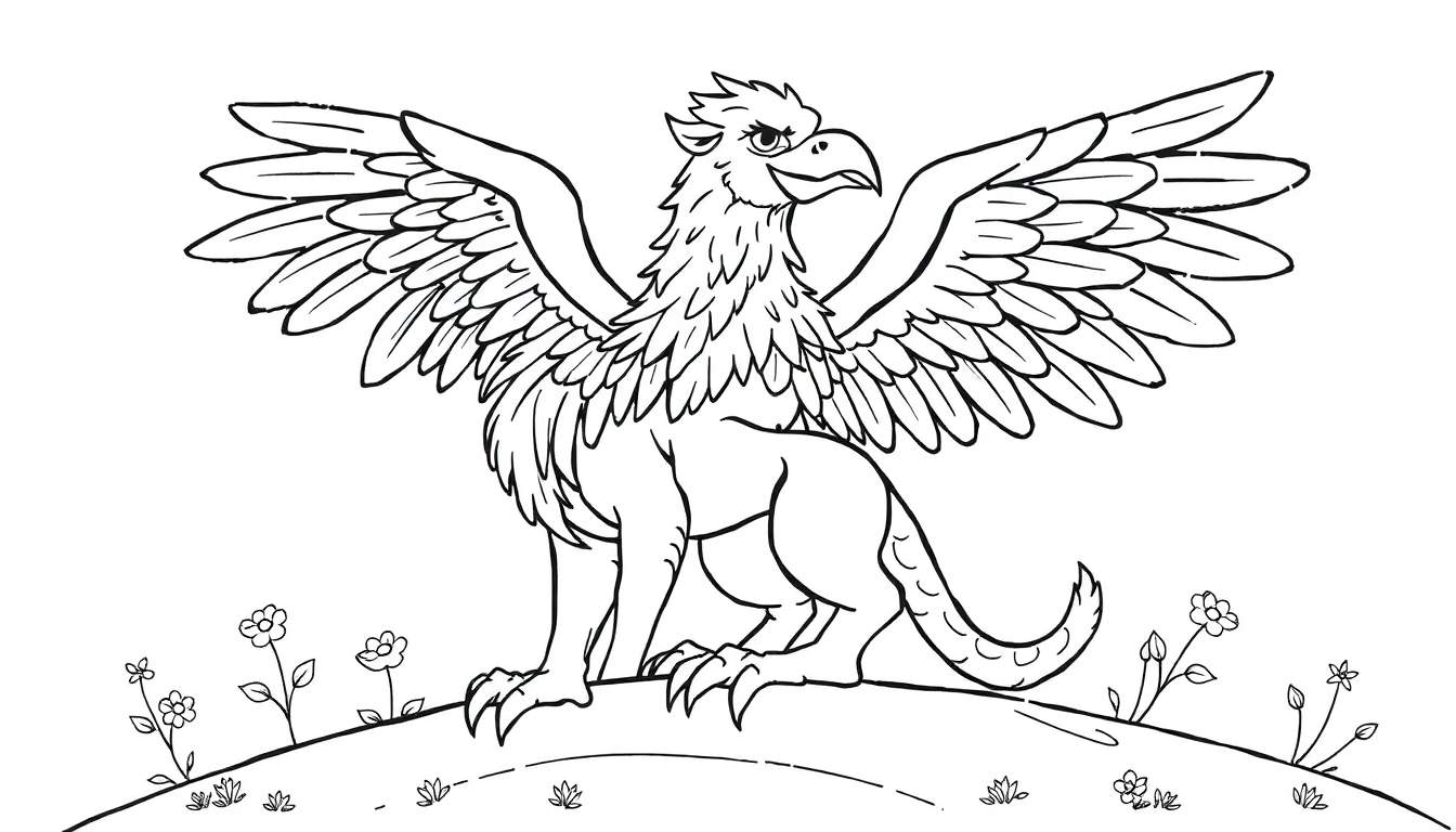 Grifo amigable en blanco y negro sobre una colina florida, listo para colorear.