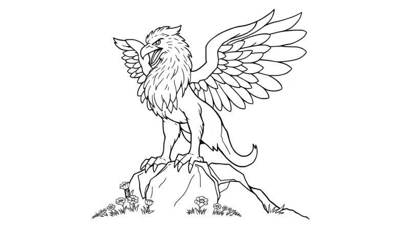 Un grifo majestuoso con alas abiertas sobre una roca, listo para colorear con contorno negro, como una placa de color.