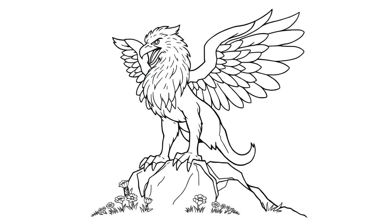 Un grifo majestuoso con alas abiertas sobre una roca, listo para colorear con contorno negro, como una placa de color.
