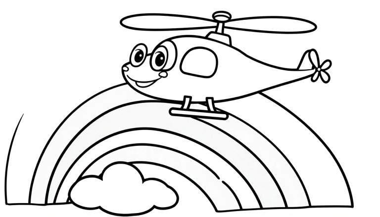 Placa de color de un helicóptero de dibujos animados sonriente volando sobre un arcoíris con una nube.