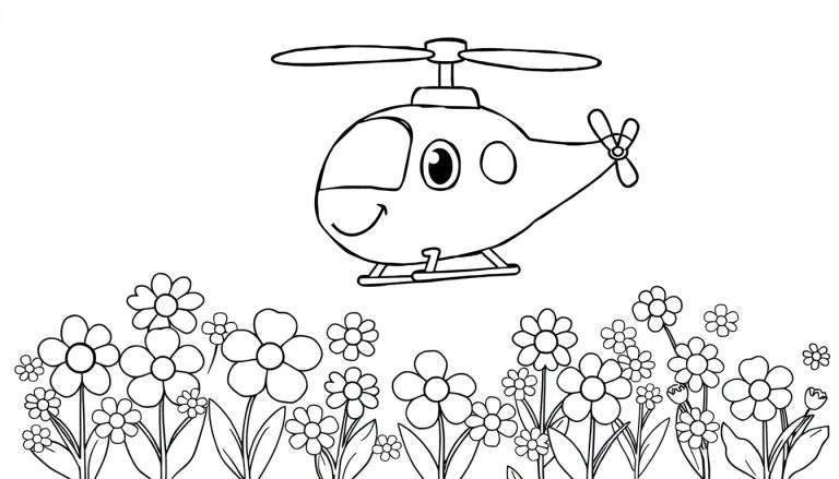 Helicóptero sonriente sobre un campo de flores para colorear, de la placa de color.