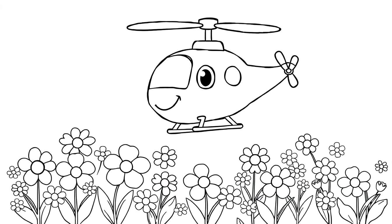 Helicóptero sonriente sobre un campo de flores para colorear, de la placa de color.