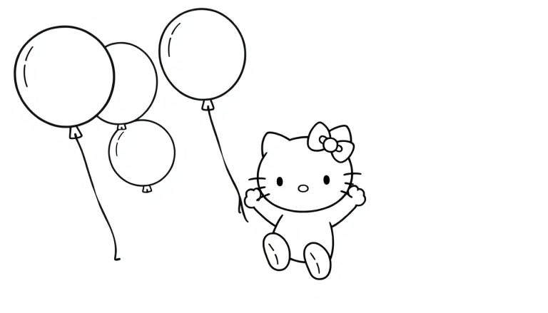Hello Kitty con globos lista para colorear en la placa de color.