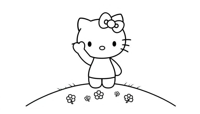 Página para colorear en blanco y negro de Hello Kitty en una colina con un lazo, lista para una placa de color.