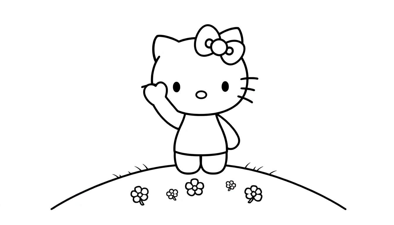 Página para colorear en blanco y negro de Hello Kitty en una colina con un lazo, lista para una placa de color.