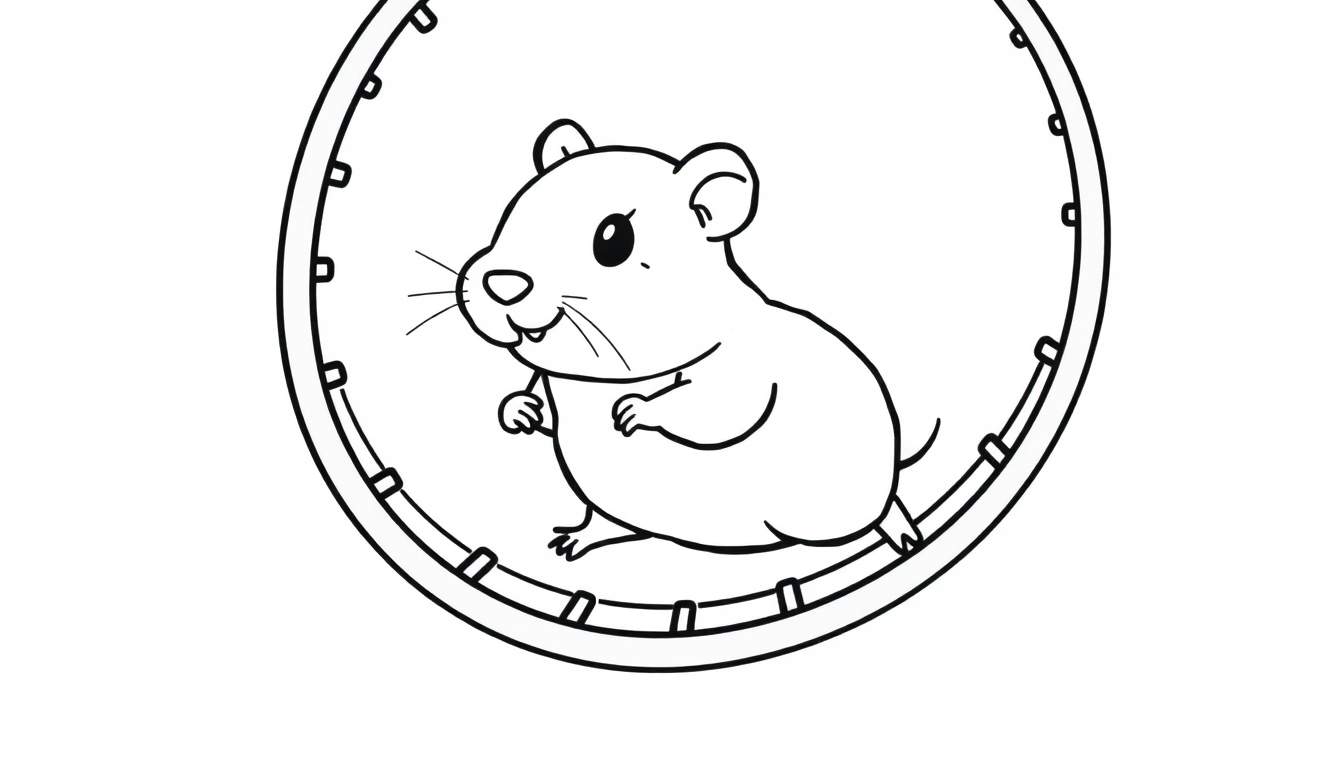 Dibujo lineal de un hámster corriendo en una rueda, listo para colorear.