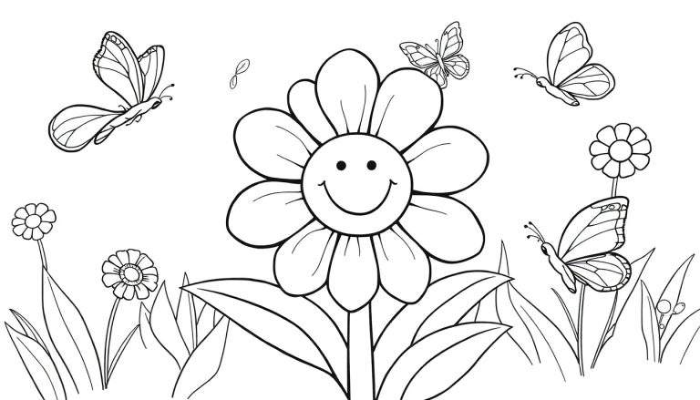 Placa de color de una flor sonriente rodeada de mariposas y hojas.