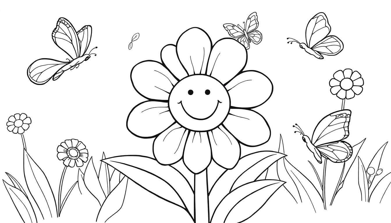 Placa de color de una flor sonriente rodeada de mariposas y hojas.