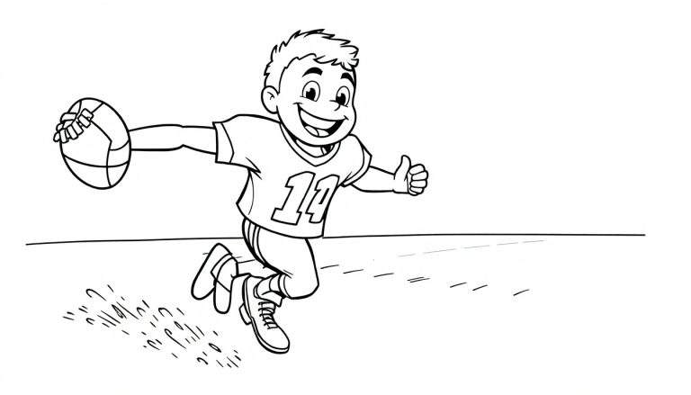 Niño corriendo con balón de fútbol americano y el pulgar hacia arriba, listo para una placa de color.