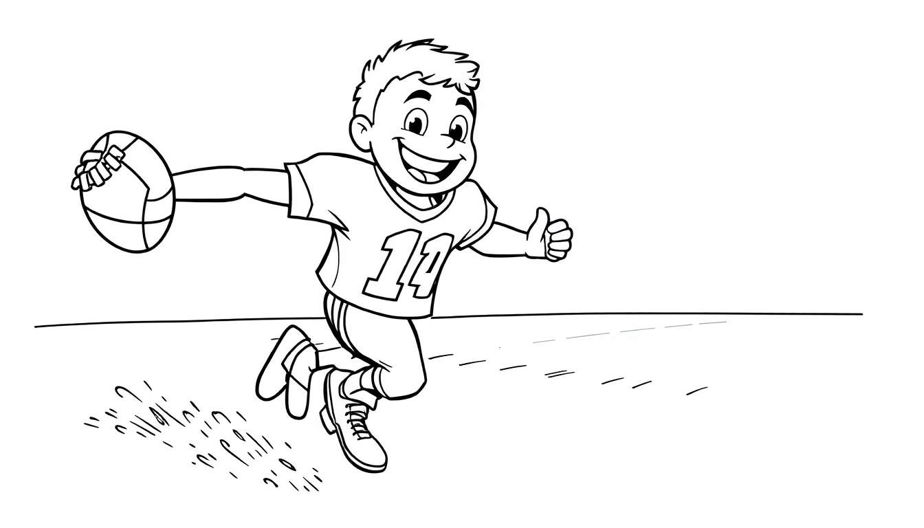 Niño corriendo con balón de fútbol americano y el pulgar hacia arriba, listo para una placa de color.
