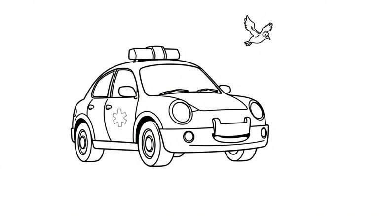 Dibujo en blanco y negro de una ambulancia amigable con un pájaro volando sobre ella, listo para colorear.