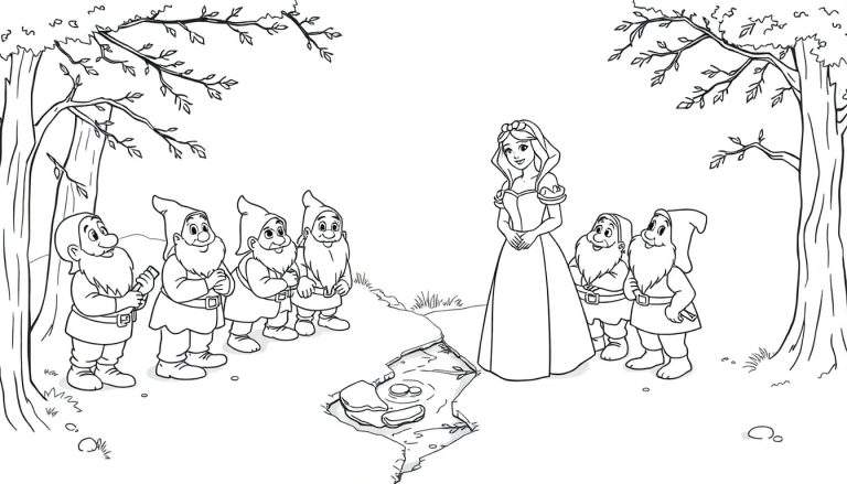 Blancanieves y los siete enanitos en un claro del bosque, página para colorear en blanco y negro con una placa de color.