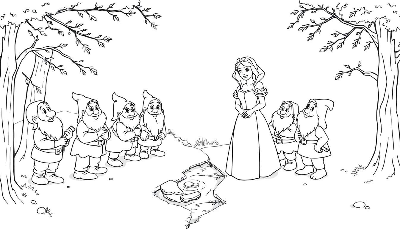Blancanieves y los siete enanitos en un claro del bosque, página para colorear en blanco y negro con una placa de color.