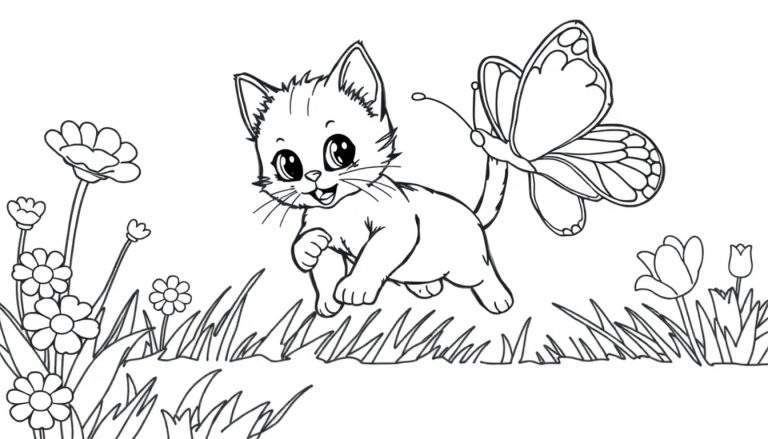 Placa de color de un gatito persiguiendo una mariposa.