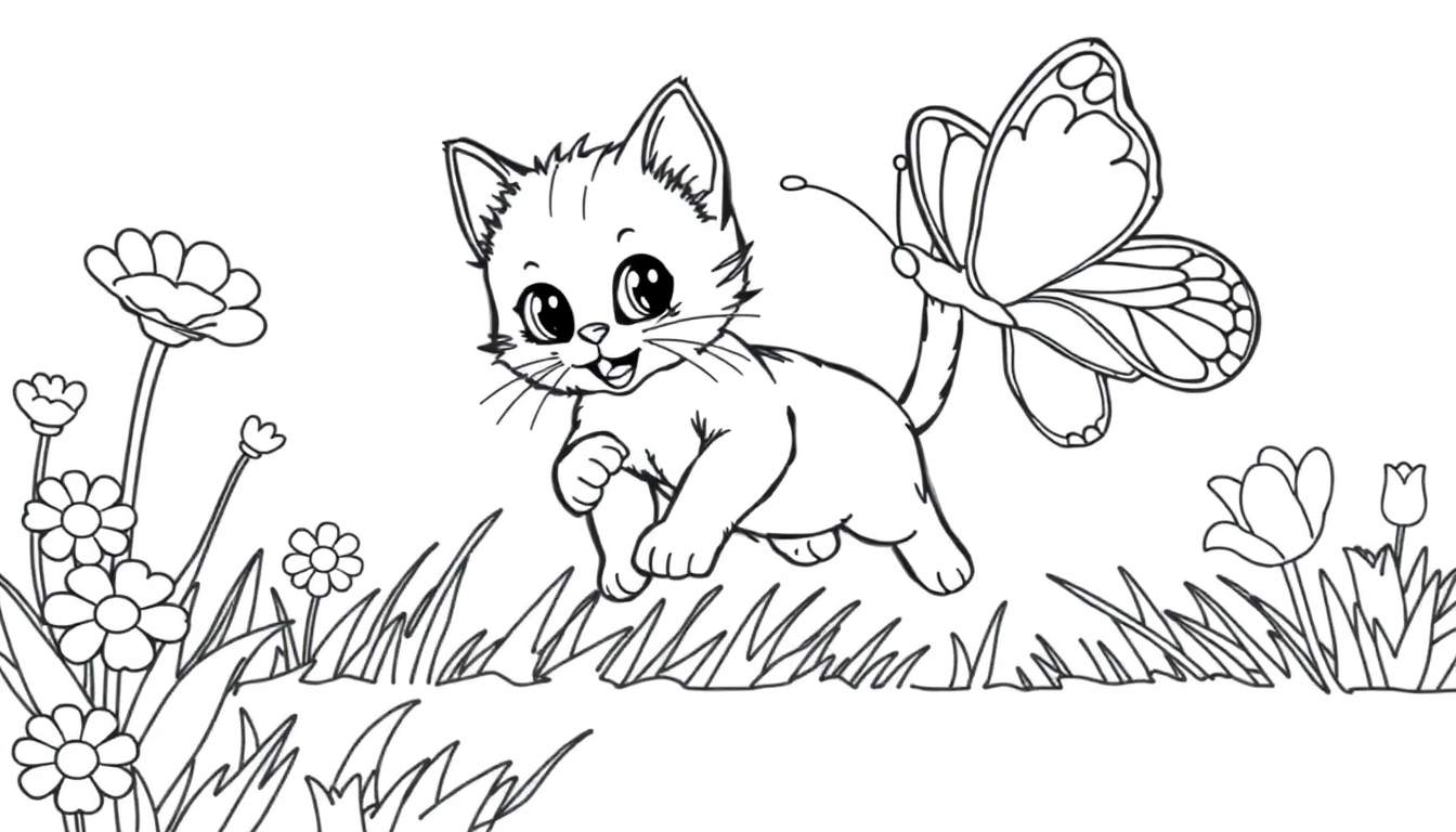 Placa de color de un gatito persiguiendo una mariposa.