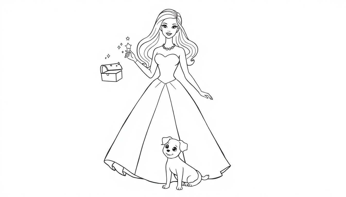 Página para colorear de una princesa con un perro y un cofre del tesoro, lista para añadirle color.
