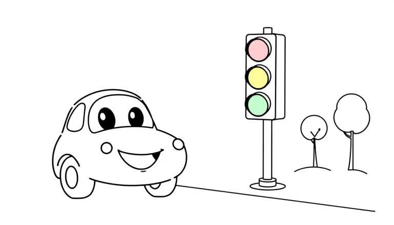 Un coche de dibujos animados amigable con ojos grandes y una sonrisa esperando junto a un semáforo en blanco y negro, con dos árboles simples al fondo. Todo sobre una placa de color blanco.