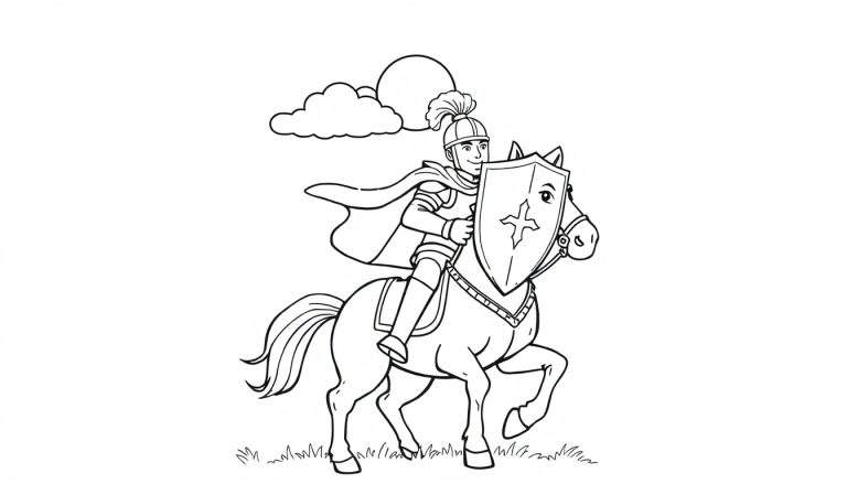 Caballero valiente en un caballo, listo para la aventura. Dibujo para colorear en blanco y negro con una placa de color.