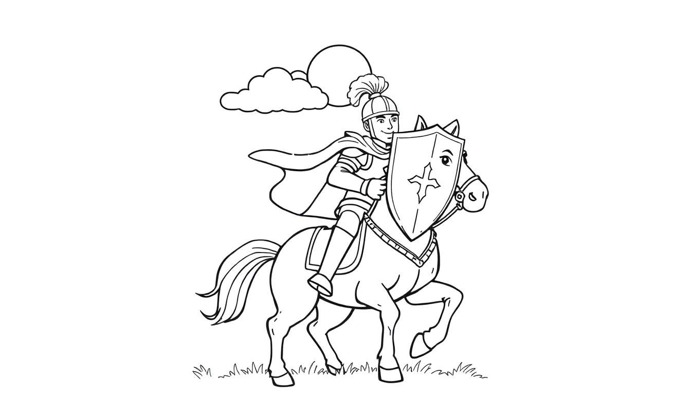 Caballero valiente en un caballo, listo para la aventura. Dibujo para colorear en blanco y negro con una placa de color.