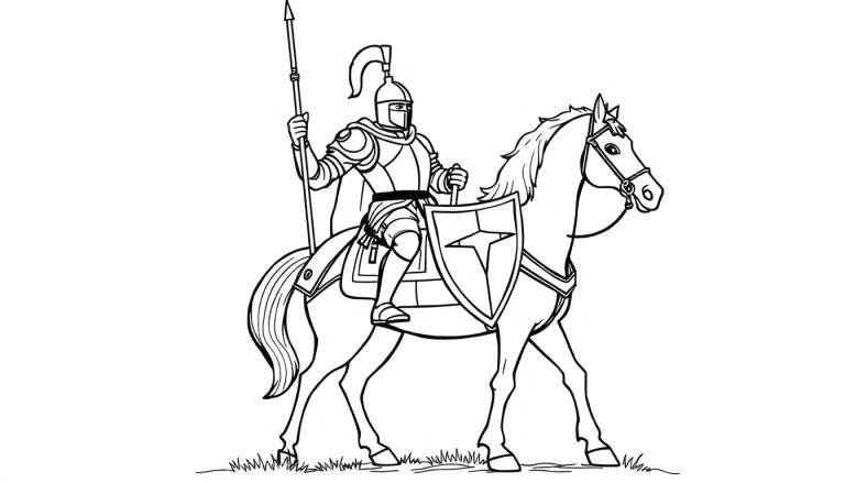 Caballero en su caballo listo para la aventura, un dibujo para colorear en blanco y negro con una placa de color.