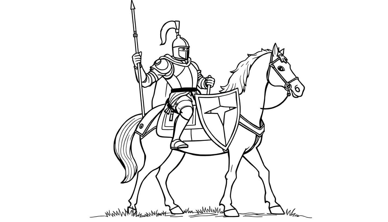 Caballero en su caballo listo para la aventura, un dibujo para colorear en blanco y negro con una placa de color.