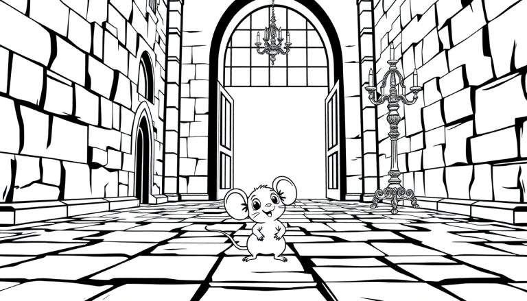 Un ratoncito alegre explora un pasillo de castillo en blanco y negro, listo para colorear en una placa de color.