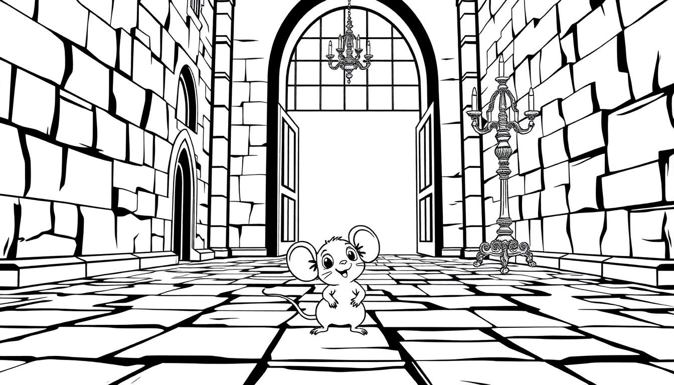 Un ratoncito alegre explora un pasillo de castillo en blanco y negro, listo para colorear en una placa de color.
