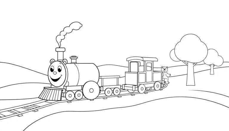 Placa de color de un tren de vapor amigable con un oso de peluche.