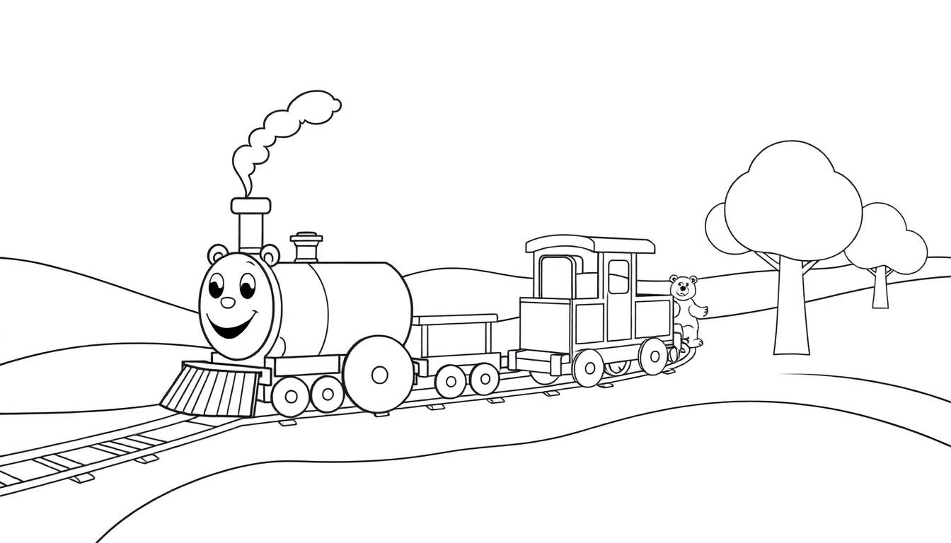 Placa de color de un tren de vapor amigable con un oso de peluche.