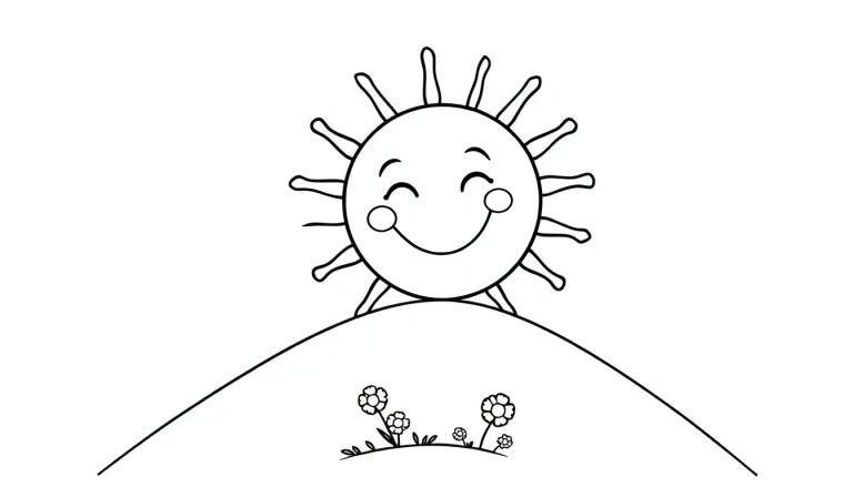 Una placa de color de un sol sonriente sobre una colina.