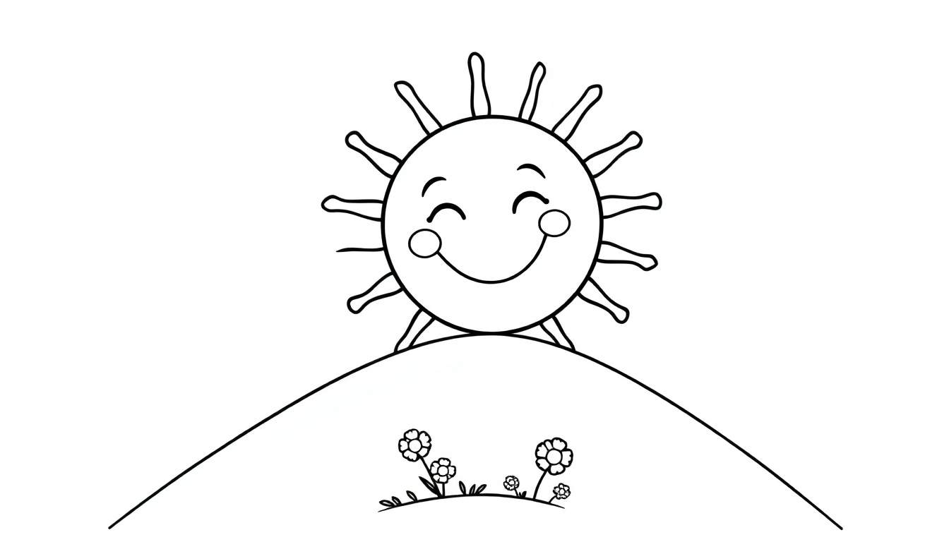 Una placa de color de un sol sonriente sobre una colina.